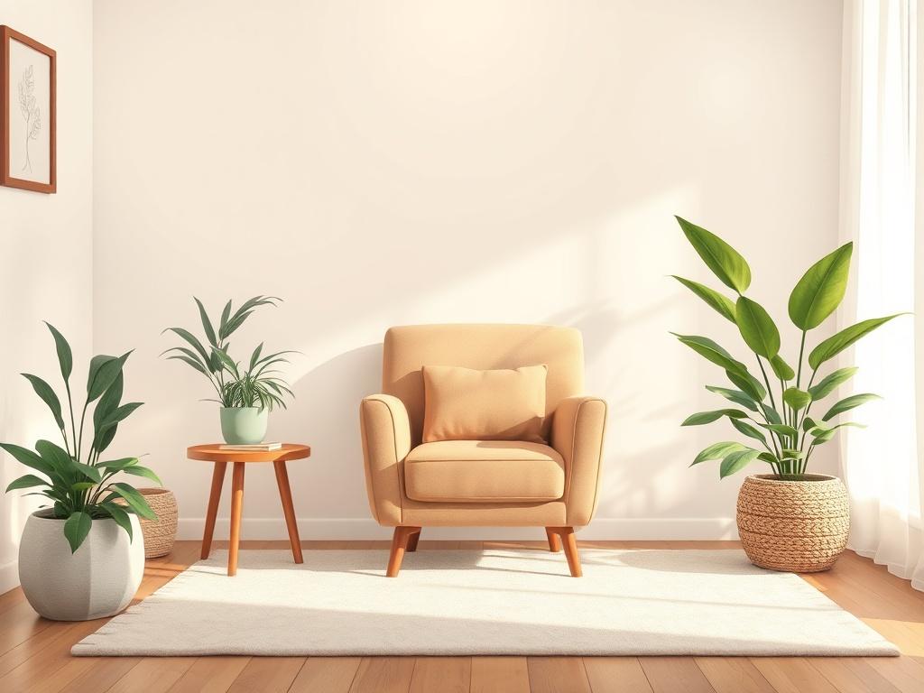 Create a highly detailed illustration of a serene therapy room. The focus should be on a comfortable armchair with soft lighting, surrounded by calming elements like plants and soothing colors. The background should convey a sense of tranquility and safety, inviting individuals to take the step towards mental wellness. The overall composition should be simple and clear, emphasizing the warm and welcoming atmosphere.