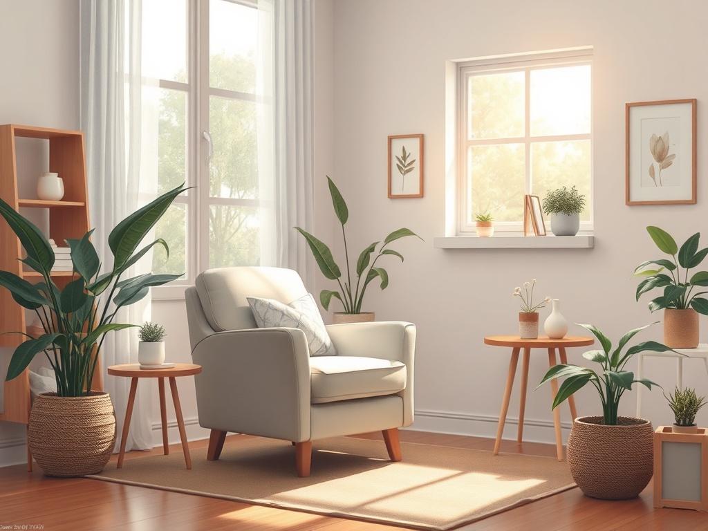A serene and inviting therapy room featuring a comfortable armchair, soft natural lighting streaming through a window, and calming decor that includes plants and artwork. The room should convey a sense of safety and tranquility, emphasizing the personal nature of therapy. The background should be minimal, focusing on the warmth and comfort of the space.