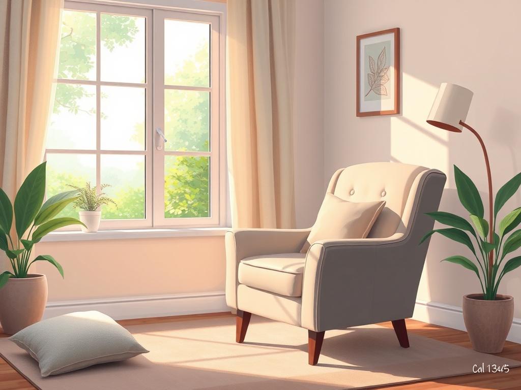 A serene and inviting therapy room, featuring a comfortable armchair and soft lighting. A window reveals a peaceful outdoor view with greenery and gentle sunlight. The room is decorated with calming colors, creating an atmosphere of safety and support. The focus is on the armchair, symbolizing a welcoming space for personal growth and healing.