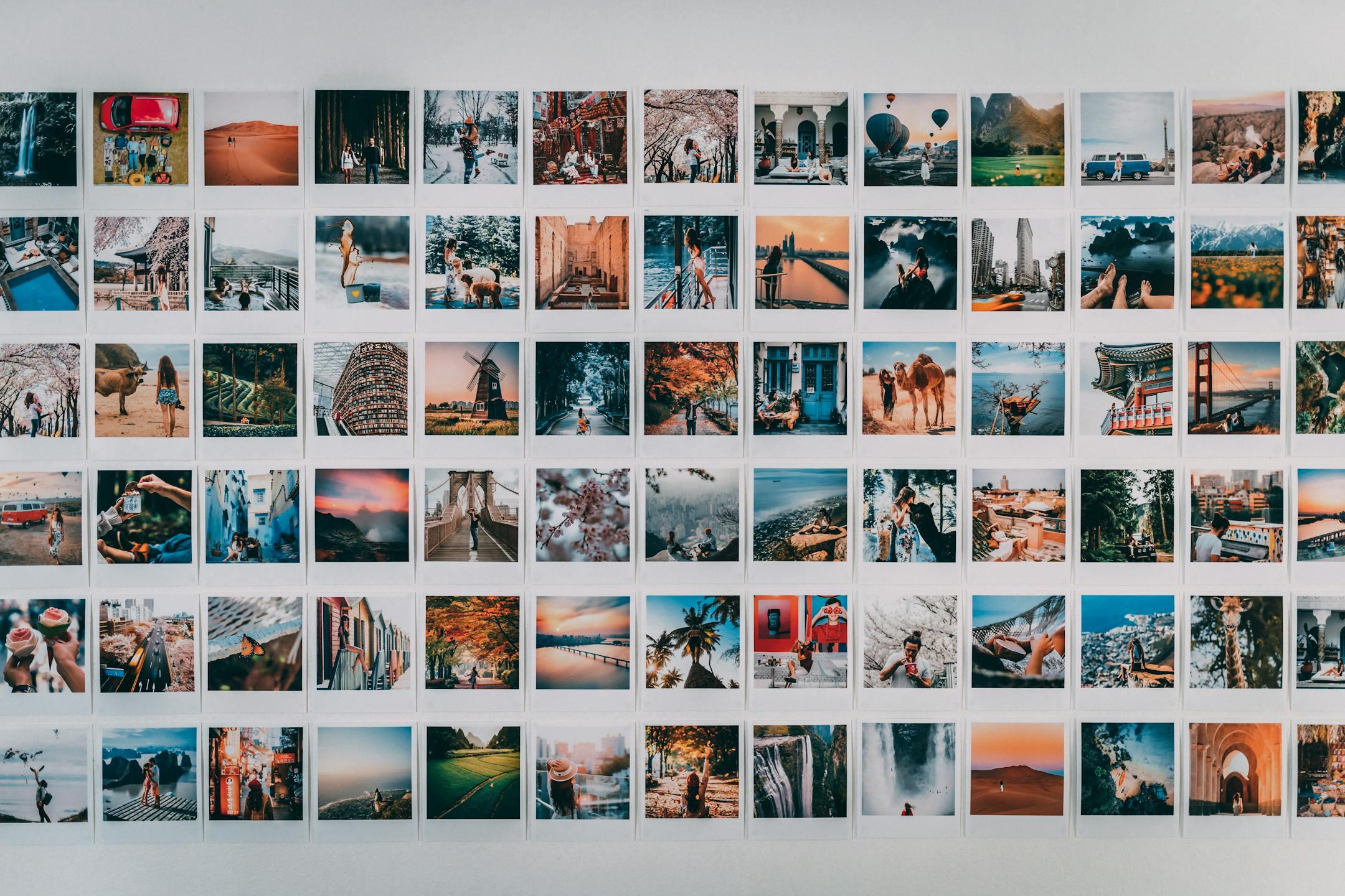 A vibrant wall collage featuring various travel-themed polaroid photographs.