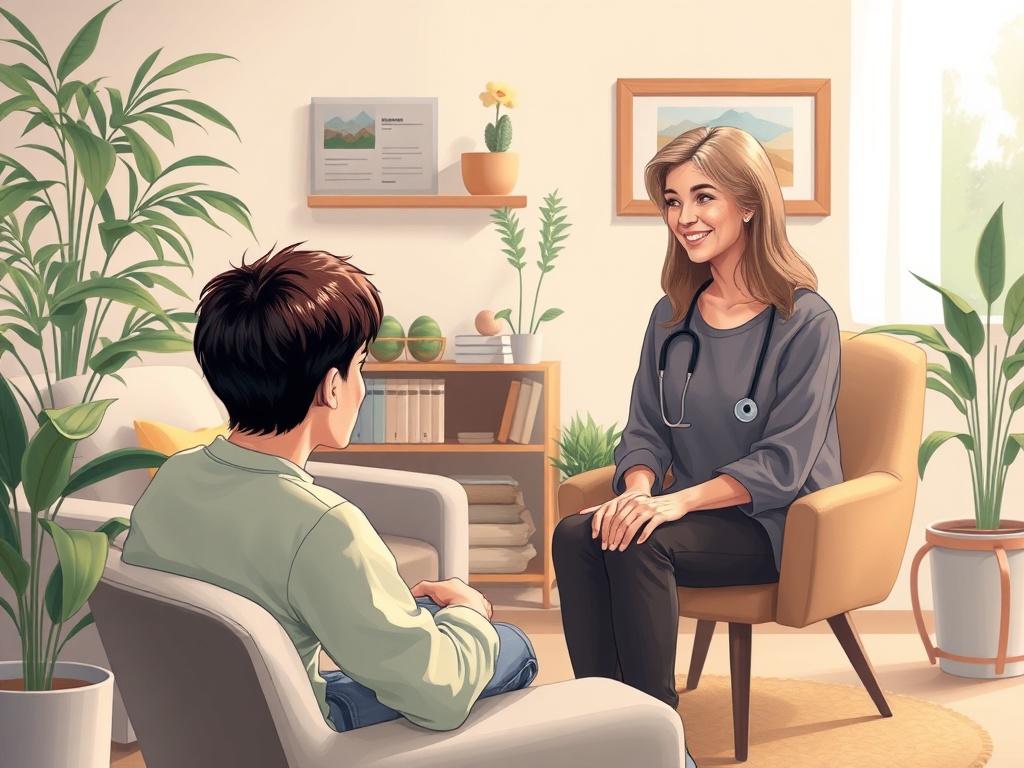 A serene and inviting scene depicting a compassionate therapist in a cozy office setting, engaging warmly with a client. The therapist, a middle-aged woman with a gentle smile, is seated across from a young adult, who appears reflective and open. The background features soft, calming colors, plants, and comfortable furniture, creating an atmosphere of trust and safety.