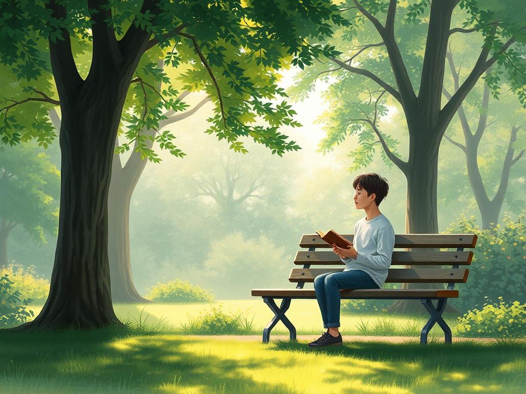 A serene, peaceful setting featuring a single, thoughtful individual sitting on a bench in a tranquil park. The background is filled with lush greenery and soft sunlight filtering through trees, creating a calm atmosphere. The person is holding a journal, looking contemplative, symbolizing reflection and the importance of mental health. The overall composition should be inviting and soothing, emphasizing self-care and resilience.