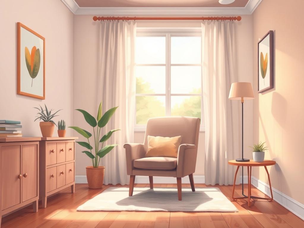 A serene and inviting office space with a comfortable chair, a warm and welcoming atmosphere. The background features soft colors and natural light streaming in, creating a calming environment. The focus is on a single chair with a plush cushion, inviting clients to take a seat and begin their journey to mental wellness.