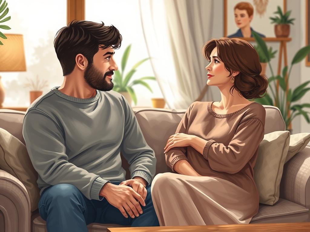 A couple sitting together on a cozy sofa, engaged in a heartfelt conversation. The setting is warm and inviting, with soft lighting and a peaceful atmosphere. The couple appears connected and attentive to each other, reflecting a sense of understanding and empathy. The background features a tastefully decorated living room with plants and personal touches, conveying a sense of intimacy and comfort.