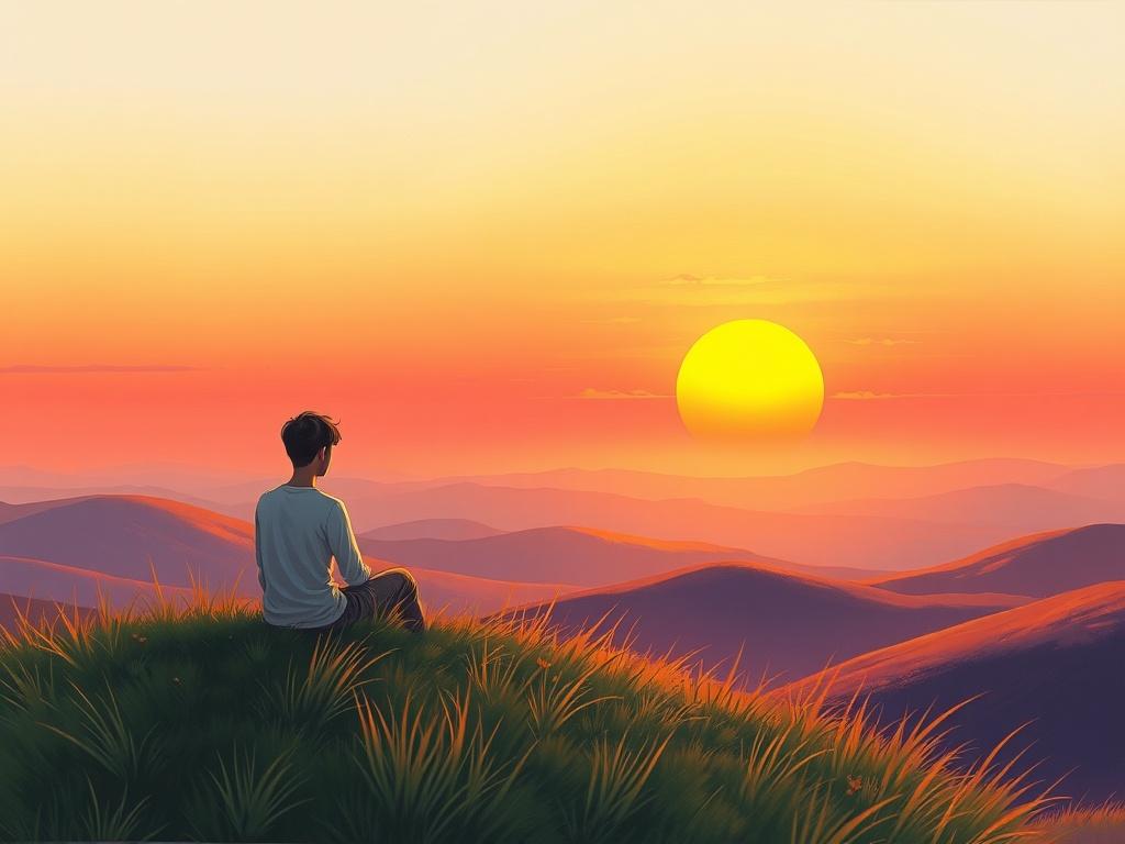 A serene, contemplative scene featuring a person sitting on a grassy hilltop, gazing at a vibrant sunset. The individual appears peaceful and reflective, symbolizing personal growth and self-discovery. The background consists of rolling hills and a clear sky, creating a tranquil atmosphere. The color palette should incorporate warm hues of orange, pink, and purple to evoke feelings of hope and empowerment.