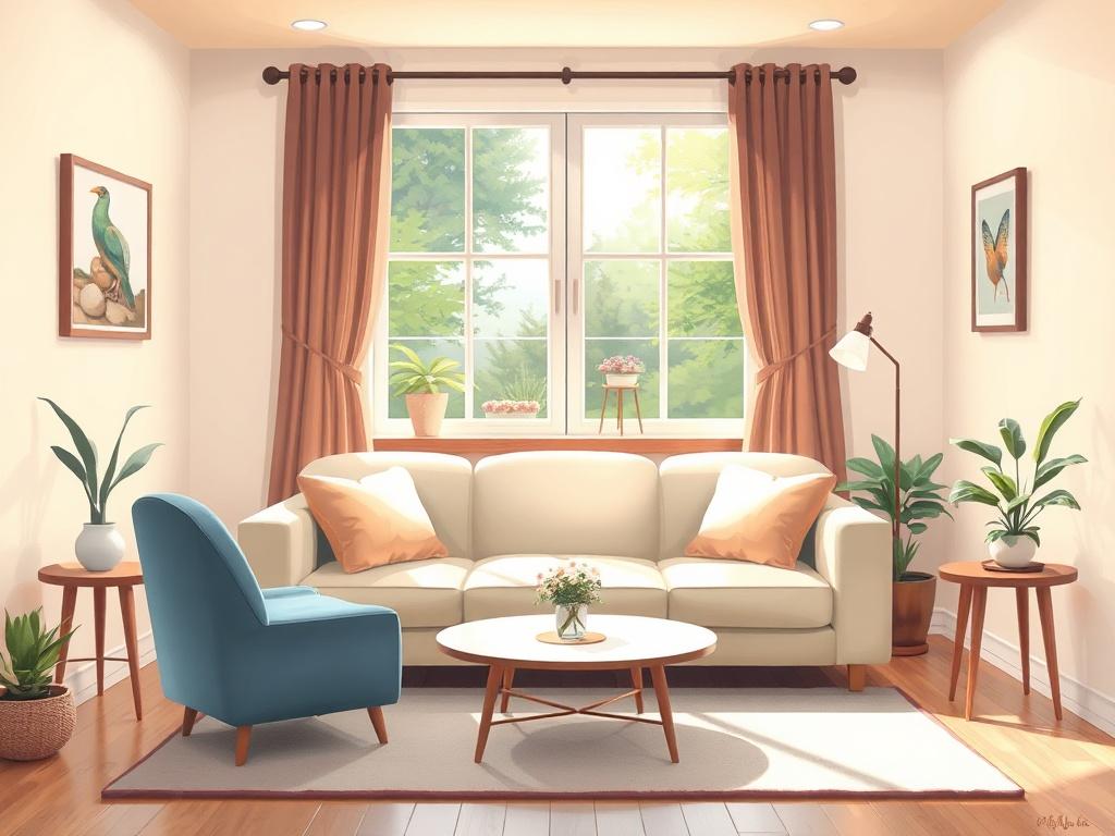 A serene and inviting therapy room with a comfortable sofa and soft lighting. The room features calming colors, with a window showing a peaceful garden view. The atmosphere is warm and welcoming, ideal for psychotherapy sessions.