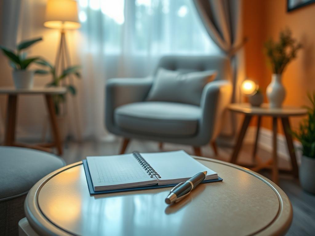 A close-up of a serene therapy room featuring a comfortable chair, soft lighting, and calming decor. A notepad and pen rest neatly on a small table, symbolizing personal reflection and growth during affordable individual therapy in Lebanon by Cognitive Analytica.