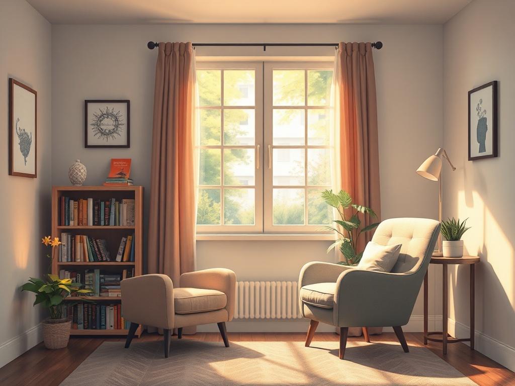 A serene and inviting therapy room with a comfortable armchair and soft lighting. A window shows a view of a peaceful garden outside, symbolizing tranquility and healing. The room is decorated with calming colors, and a small bookshelf filled with psychology books is visible. The atmosphere is warm and welcoming, emphasizing a safe space for self-discovery and growth.