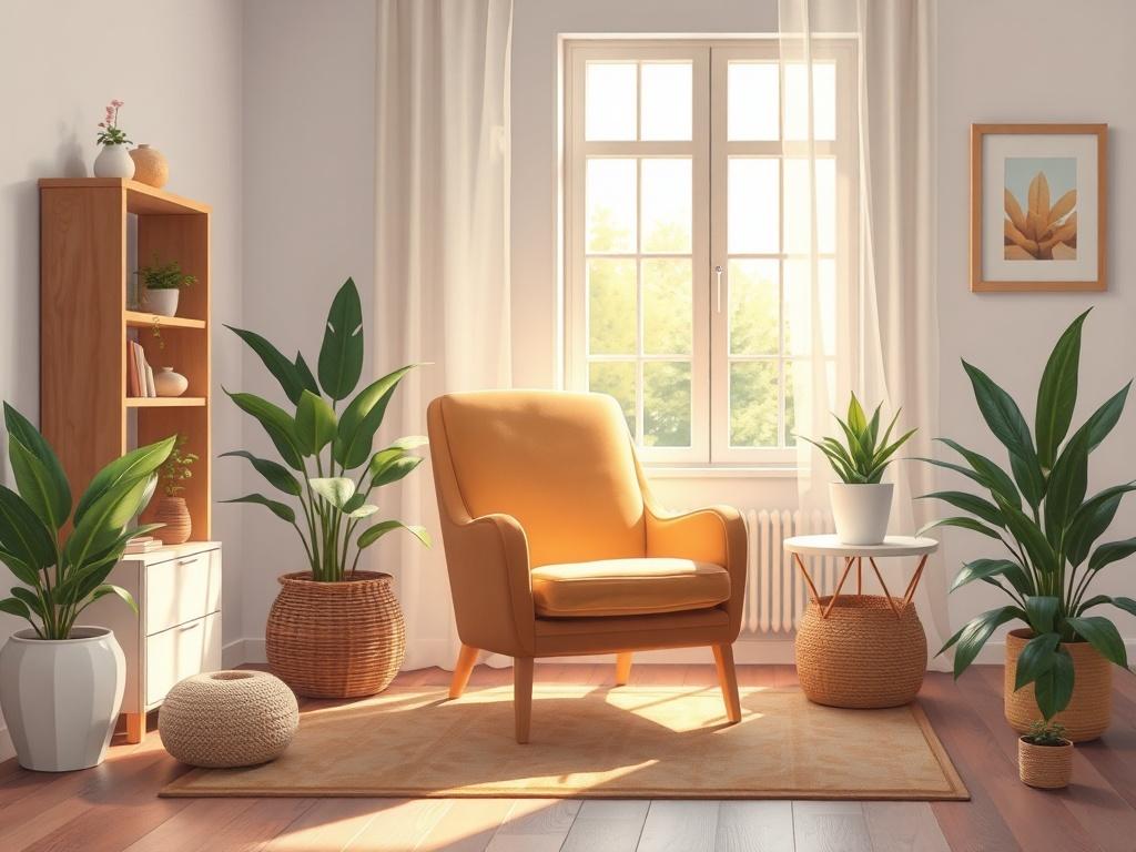 A serene and inviting therapy room with a comfortable chair and soft lighting. The room is decorated with calming colors and natural elements like plants. A window lets in gentle sunlight, creating a warm atmosphere. The focus is on the chair, symbolizing a safe space for therapy, with a subtle background that enhances tranquility.