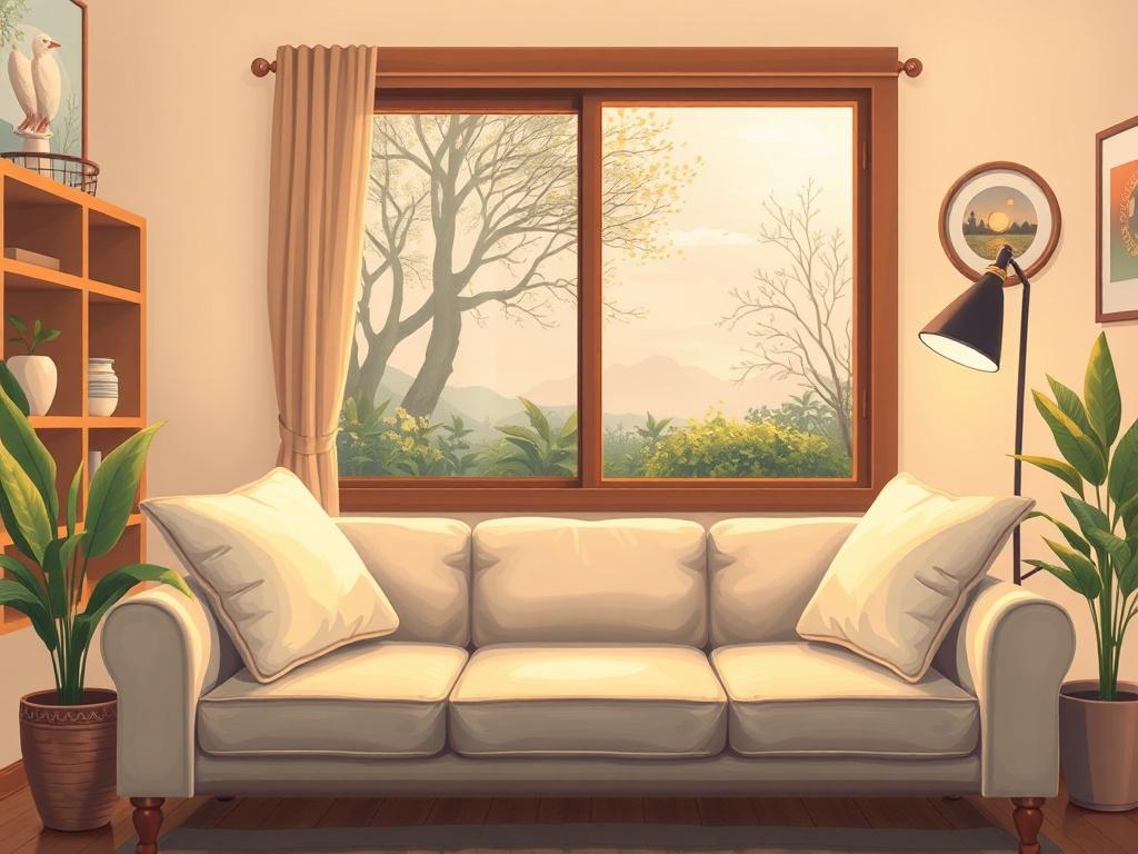 A serene and inviting therapist's office with a comfortable couch, warm lighting, and soft pillows. The background features a calming nature scene visible through a window, conveying a sense of peace and tranquility. The composition is simple and clear, focusing on the inviting atmosphere of the therapy space.