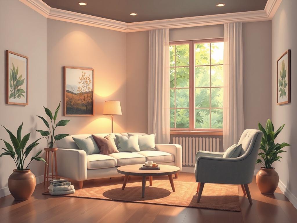 A serene and inviting therapy room, featuring a comfortable couch with soft cushions, a cozy armchair, and warm ambient lighting. The walls are painted in calming colors, adorned with soothing artwork. A large window lets in natural light, showcasing a peaceful view of greenery outside. The atmosphere is peaceful and welcoming, reflecting a sense of safety and comfort for clients seeking mental wellness.