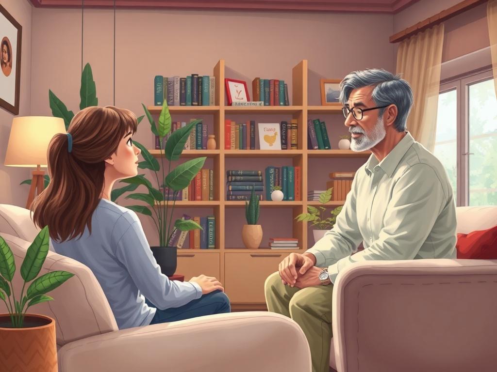 A serene therapy session taking place in a cozy, inviting room filled with soft lighting and comfortable furnishings. The therapist, a middle-aged person with a compassionate expression, sits attentively across from a young adult client who appears engaged and thoughtful. Shelves with books on psychology and wellness are visible in the background, along with plants adding a touch of nature to the atmosphere.