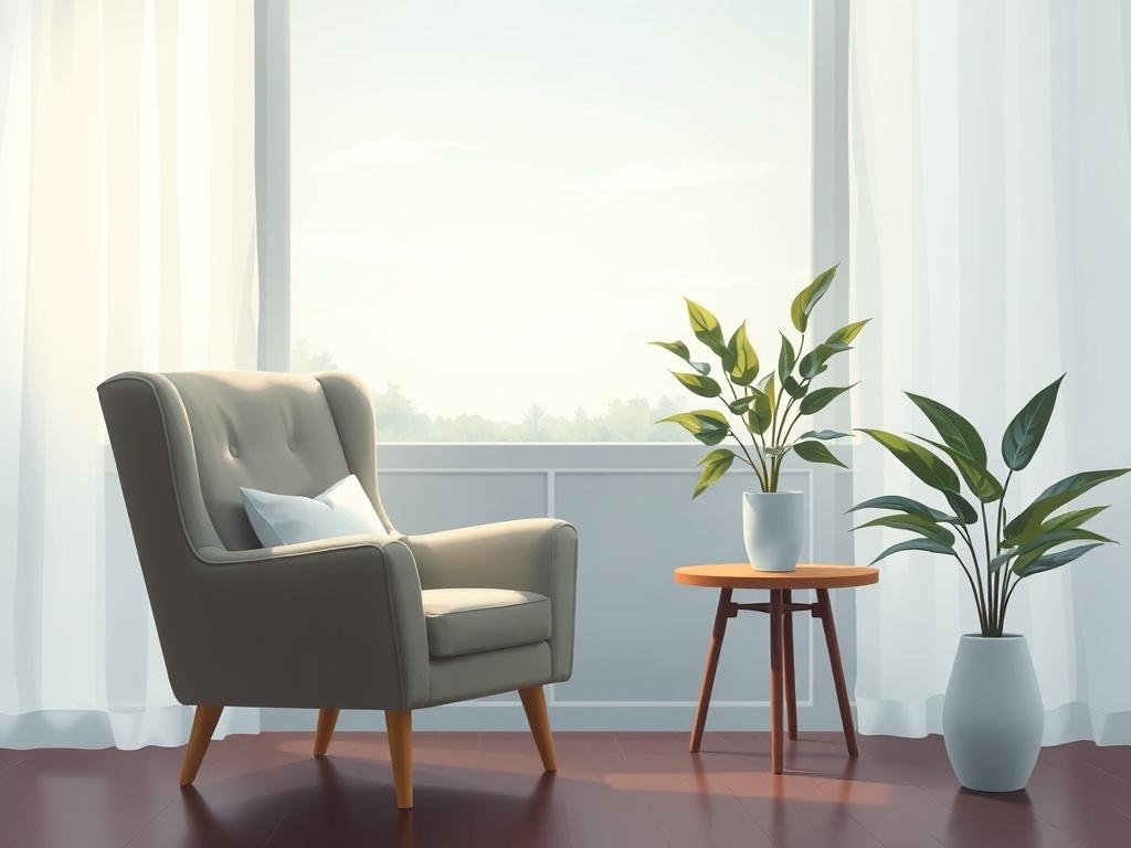 A serene and inviting therapy room with a comfortable armchair, a small table with a plant, and soft lighting. The background should feature a tranquil window view with soft drapes, creating a calming atmosphere. The overall composition should evoke feelings of peace and comfort, emphasizing a welcoming environment for mental health support.