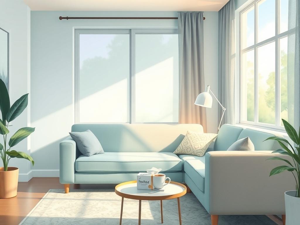 A serene and inviting therapy room with a comfortable sofa, soft lighting, and a peaceful atmosphere. The room should have a calming color palette, featuring shades of blue and green. A large window allows natural light to pour in, creating a warm and welcoming environment. On a small table, there is a box of tissues and a cup of herbal tea, suggesting comfort and support. The overall composition should evoke feelings of safety and tranquility, inviting individuals to embark on their therapeutic journey.