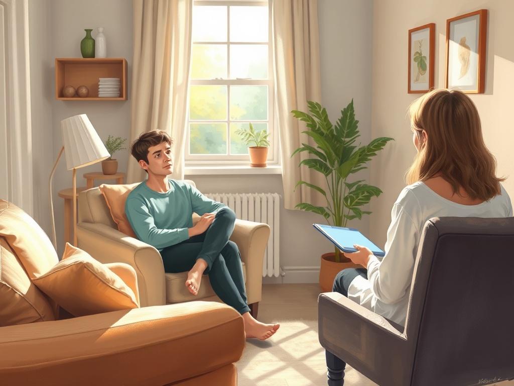 A serene and inviting scene depicting a person sitting comfortably in a cozy, well-lit room, engaged in a thoughtful conversation with a mental health professional. The room features calming colors, soft furnishings, and a peaceful atmosphere. Natural light filters through a window, casting gentle shadows. The subject is depicted in a realistic painting style, conveying a sense of warmth and support, with a focus on the human connection.