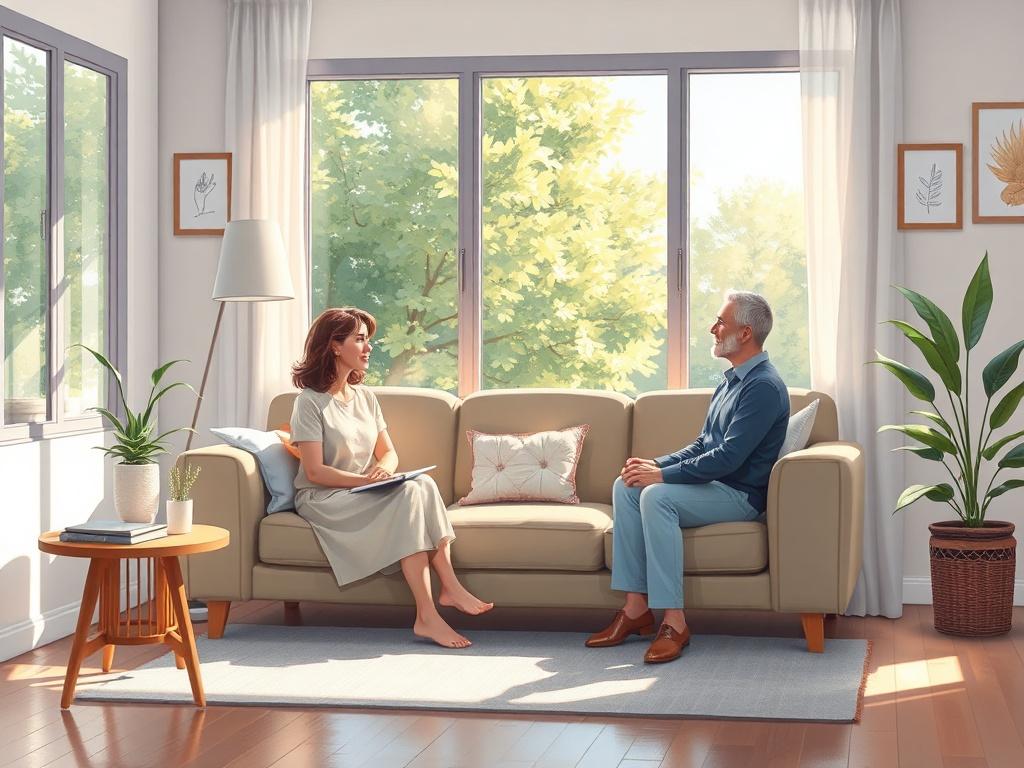 A serene therapist's office with a cozy couch and calming decor. The room is well-lit with natural sunlight filtering through a large window, showcasing a peaceful view of greenery outside. On the couch, a therapist sits attentively, listening to a client who is expressing their thoughts. The atmosphere conveys warmth, trust, and safety, inviting individuals to seek guidance for their mental health.