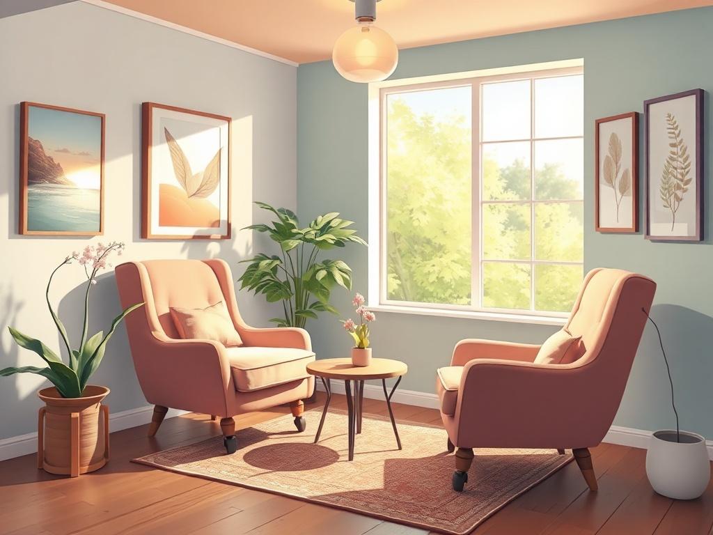 A serene and inviting counseling room with a comfortable armchair and a small table, set up for a therapy session. The walls are painted in calming colors, adorned with soothing artwork. A large window allows natural light to stream in, creating a warm and welcoming atmosphere. The scene conveys tranquility and openness, perfect for fostering mental wellness.