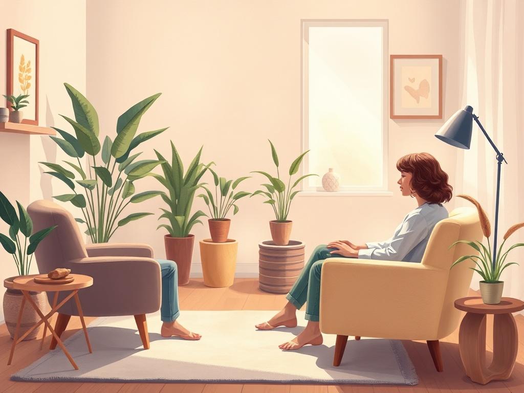 A serene and inviting therapy room with soft lighting and comfortable seating. A single therapist is sitting in a cozy chair, attentively listening to a client who is seated across from them. The background features calming colors and plants, creating a peaceful atmosphere. The focus is on the genuine connection between the therapist and the client, emphasizing understanding and support.