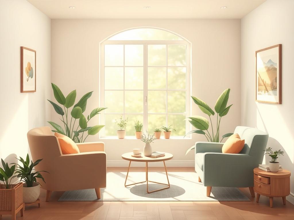 A serene and inviting therapy room with soft lighting, a comfortable couch, and a cozy armchair. A small table with calming decor sits in the center. The background features a large window with gentle sunlight streaming in, surrounded by green plants. The overall atmosphere conveys peace and tranquility, ideal for mental wellness.