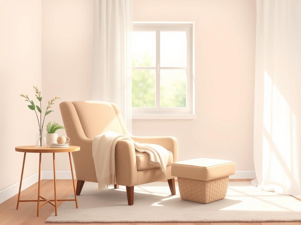 A serene, inviting therapy room with a comfortable armchair and a soothing color palette. The room features a small table with a plant and a soft blanket draped over the chair. Natural light filters through a window, creating a warm and welcoming atmosphere. The background is softly blurred to emphasize the calming space, inviting individuals to feel at ease.