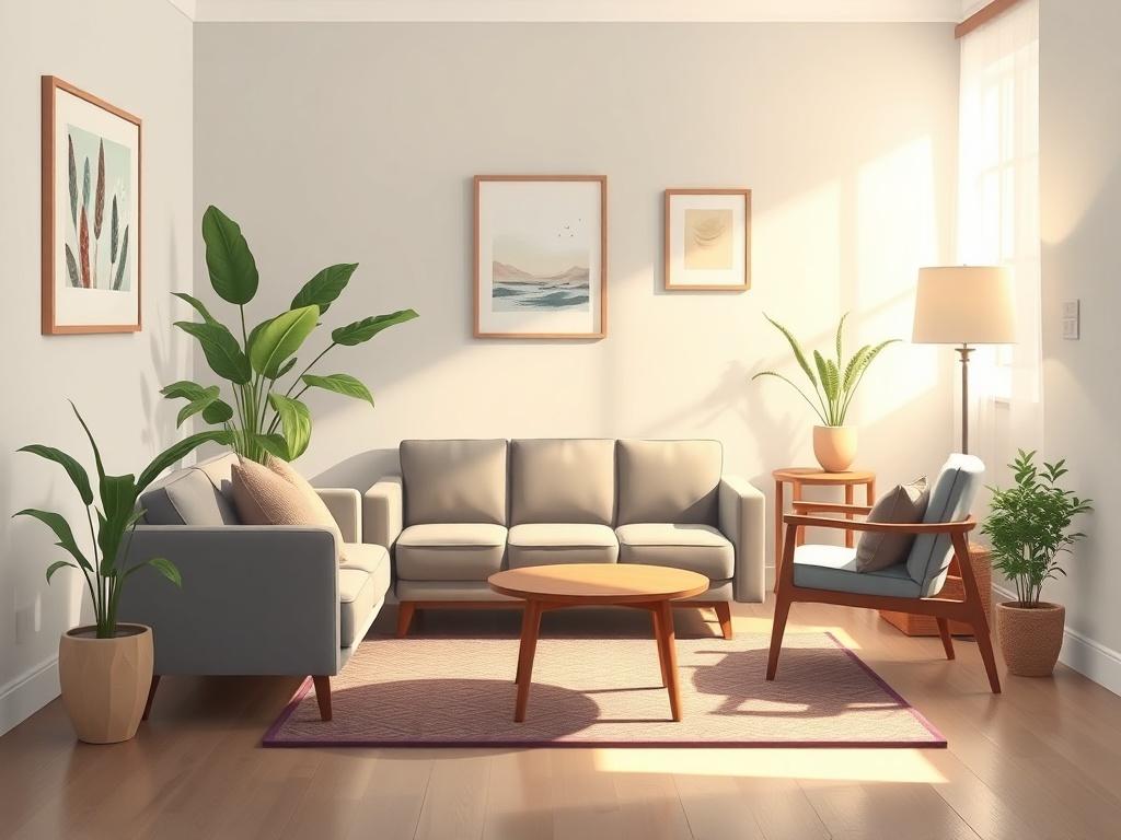 A serene and inviting therapy room, featuring a comfortable couch and soft lighting. The room should have a calming color palette, with plants and soothing artwork on the walls. A therapist's chair should be positioned across from the couch, emphasizing a professional yet welcoming atmosphere. The background should be peaceful and uncluttered, creating a sense of tranquility and safety for clients seeking support.