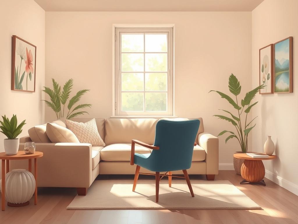 A serene therapy room with a comfortable couch and a warm, inviting atmosphere. A light streams in from a window, illuminating soft, neutral-toned decor. A therapist's chair is positioned thoughtfully across from the couch, creating a welcoming space for conversation. The background features calming artwork, enhancing the sense of tranquility and support.