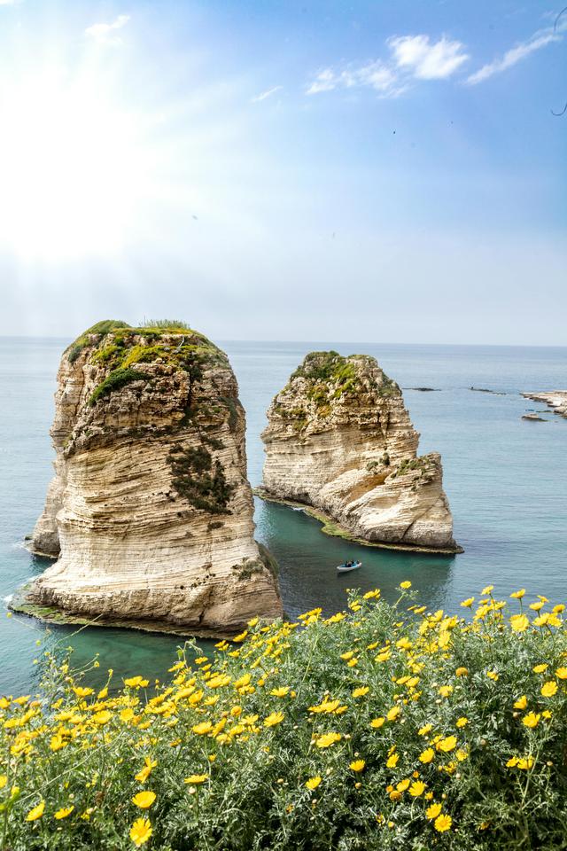 Stunning seaside view featuring iconic rock formations and vibrant yellow flowers under a bright sky.