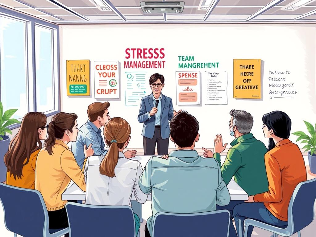 A group of employees participating in a stress management workshop in a corporate setting, engaged in interactive activities. The atmosphere is energetic and positive, with a facilitator guiding the session. Bright colors and motivational posters in the background emphasize teamwork and well-being.