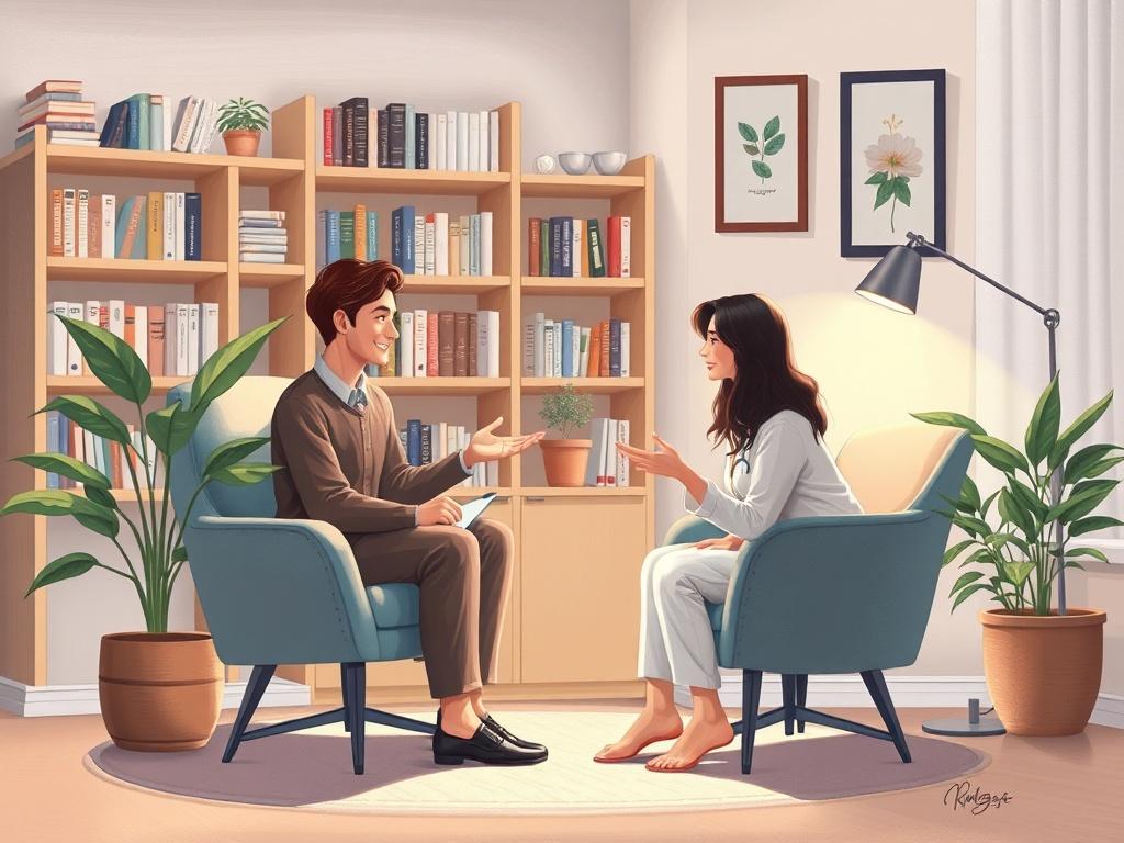 A serene therapist's office with a comfortable chair, soft lighting, and calming decor. The focus is on a therapist engaging compassionately with a client, conveying warmth and understanding. The background features a bookshelf filled with psychology books and a peaceful potted plant in the corner, creating a tranquil atmosphere.