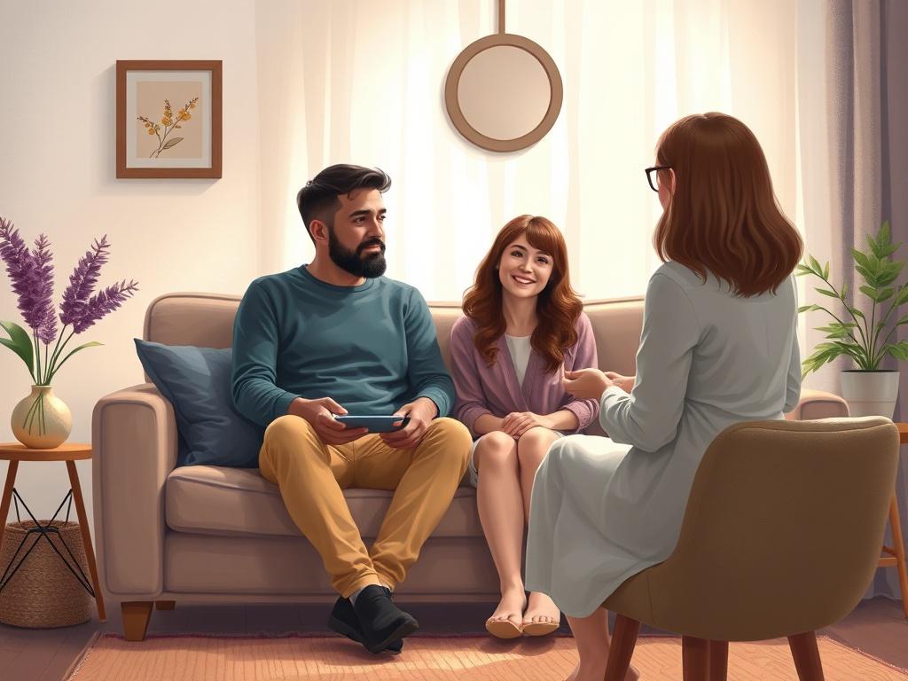 A couple sitting together on a comfortable couch in a cozy therapy room, engaged in a deep conversation with a therapist. The room is softly lit, creating a warm and inviting environment. The couple appears open and attentive, reflecting a sense of hope and connection.