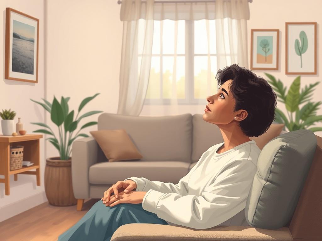 A serene individual sitting comfortably in a cozy therapy room, reflecting thoughtfully. The background features soft, warm lighting with a comfortable couch, a plant, and calming artwork on the walls. The scene conveys a sense of tranquility and introspection, inviting viewers to explore their mental health journey.