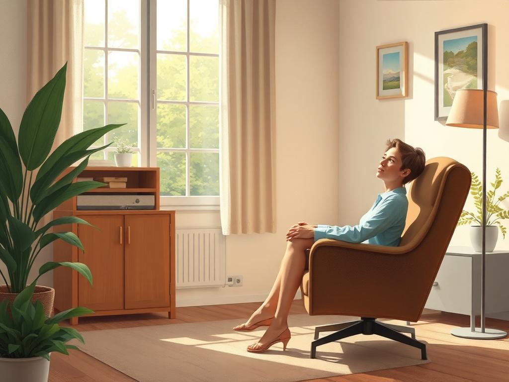 A serene therapist's office with a comfortable chair, soft lighting, and calming decor. The background features a window with a view of a peaceful garden. A single subject, a thoughtful person sitting in the chair, is engaged in a session, reflecting on their feelings. The overall atmosphere conveys warmth, support, and tranquility.