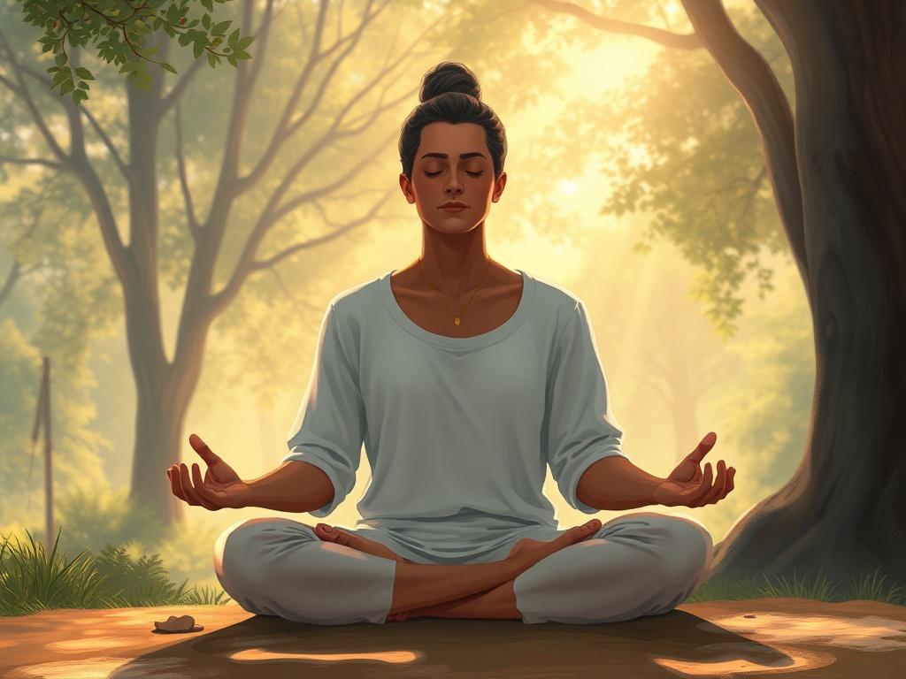 A serene scene depicting a person meditating in a tranquil environment, surrounded by nature. The focus is on the individual, who appears calm and centered, with soft sunlight filtering through trees in the background. The colors are warm and inviting, emphasizing a sense of peace and mental clarity.