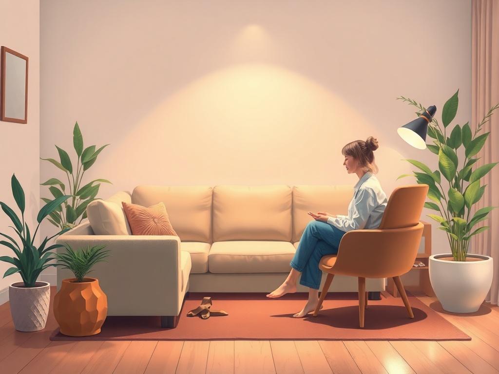 A serene therapy room with a comfortable couch and soft lighting. A single therapist is seated in a chair, attentively listening to a client. The background features calming colors and a few plants, creating a warm and inviting atmosphere. The overall ambiance should evoke a sense of safety and openness, encouraging discussion and healing.