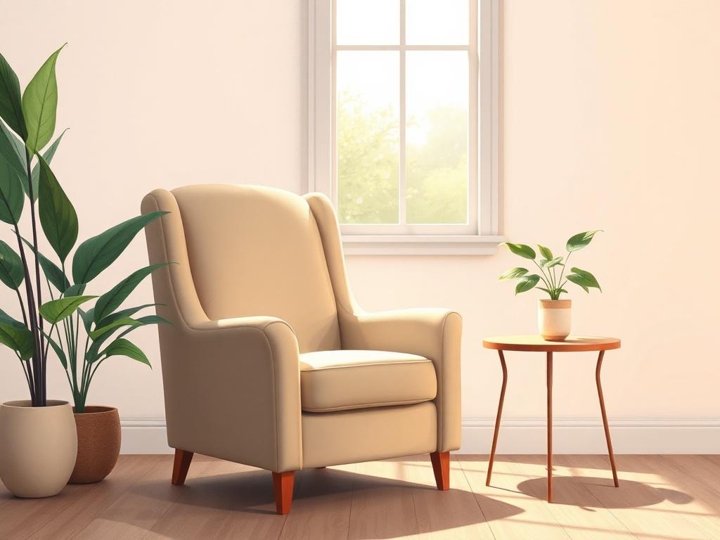 A serene and inviting therapy space, featuring a comfortable armchair and a small table with a plant, set against a calming backdrop of soft pastel colors. The room should feel warm and welcoming, with natural light streaming in through a window. The composition should focus on the armchair as the main subject, creating a sense of peace and tranquility.