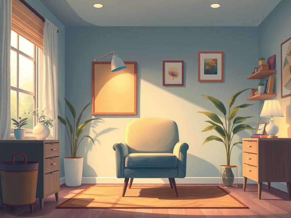 A serene therapist's office with a comfortable chair, warm lighting, and a calming atmosphere. The focus is on a single therapist's chair, emphasizing a welcoming and supportive environment. The background features soothing colors and subtle decorations that promote relaxation and trust.