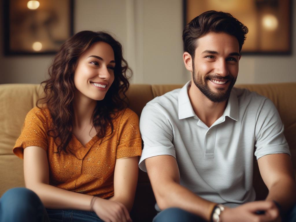 A close-up shot of a couple sitting together on a couch, engaging in a counseling session, showing expressions of openness and connection, warm colors to convey a comforting atmosphere.