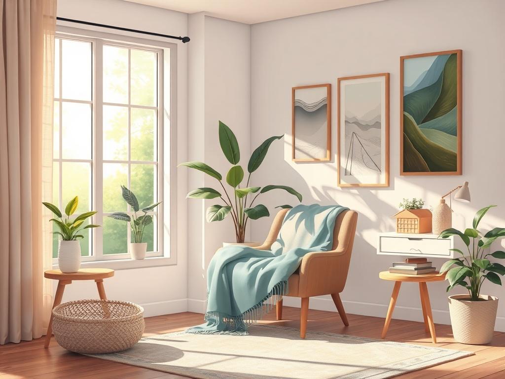 A serene and inviting therapy room with soft lighting, featuring a comfortable chair and a cozy blanket. A calming view of nature is visible through a window, with plants enhancing the peaceful atmosphere. The room is decorated with soothing colors and art that inspires tranquility, creating an ideal environment for personal growth and healing.