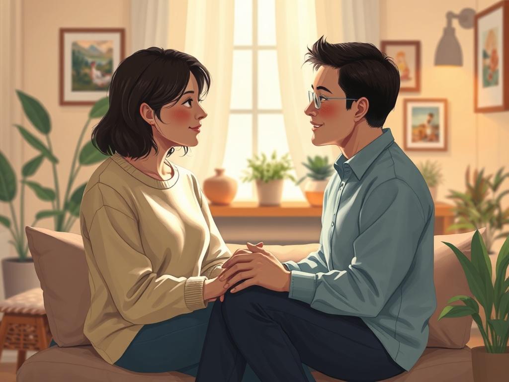A serene and intimate scene of a couple sitting together in a cozy, softly lit therapy room. They are engaged in a heartfelt conversation, showcasing emotions of openness and trust. The background features calming decor, such as plants and artwork that evoke a sense of peace and understanding. The color palette is warm and inviting, with soft lighting enhancing the intimate atmosphere.