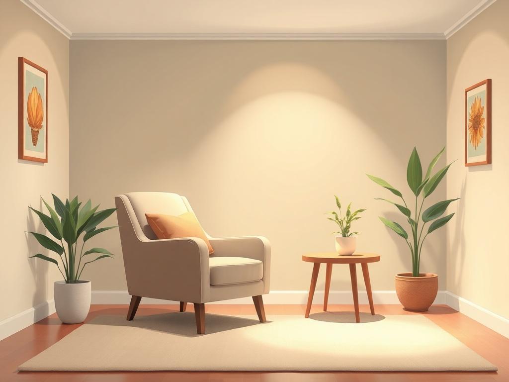 A serene and inviting therapy room featuring a comfortable armchair, a small table with a plant, and soft lighting. The background showcases a calming color palette with gentle tones that evoke tranquility. The overall atmosphere is peaceful, suggesting a safe space for personal growth and healing.