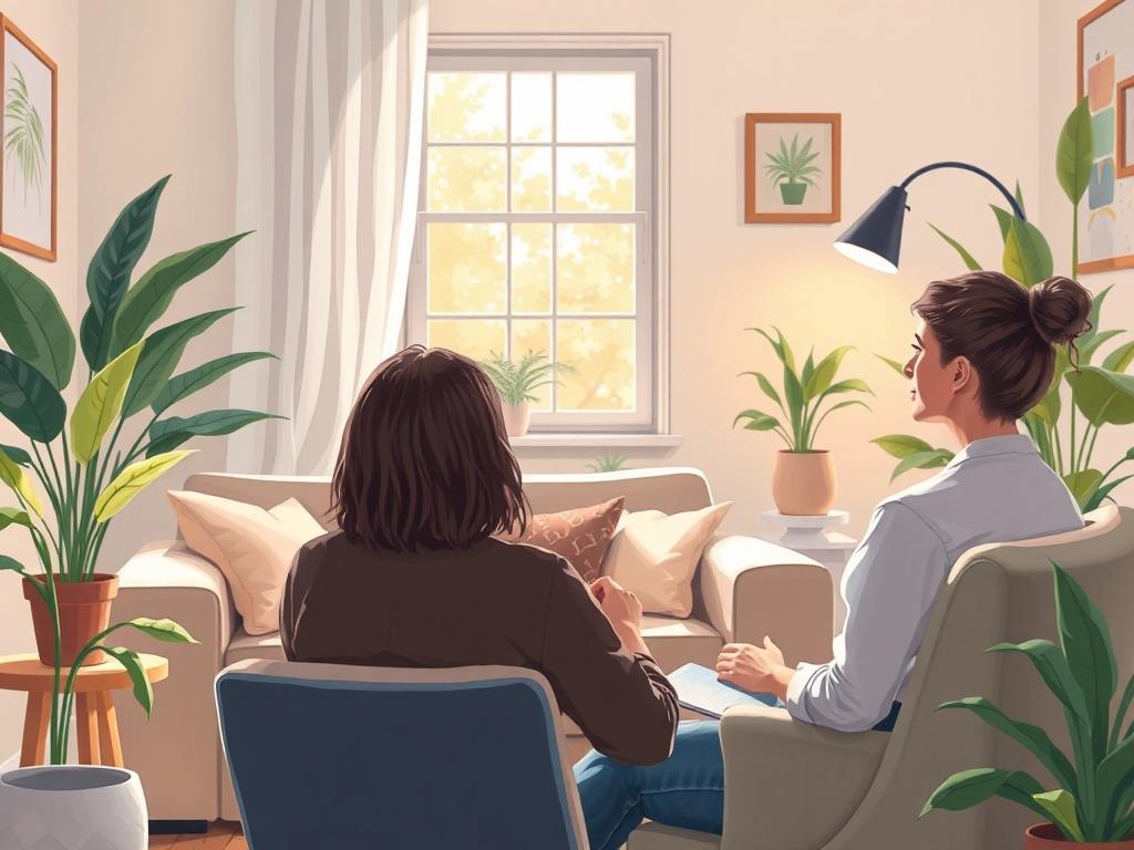 A serene and inviting therapy room with a comfortable sofa, soft lighting, and calming decor. A window allows natural light to filter in, creating a warm atmosphere. In the foreground, a therapist is seated with an attentive expression, engaging with a client who is sharing their thoughts. The background features soothing colors and plants, promoting a sense of tranquility and mental wellness.