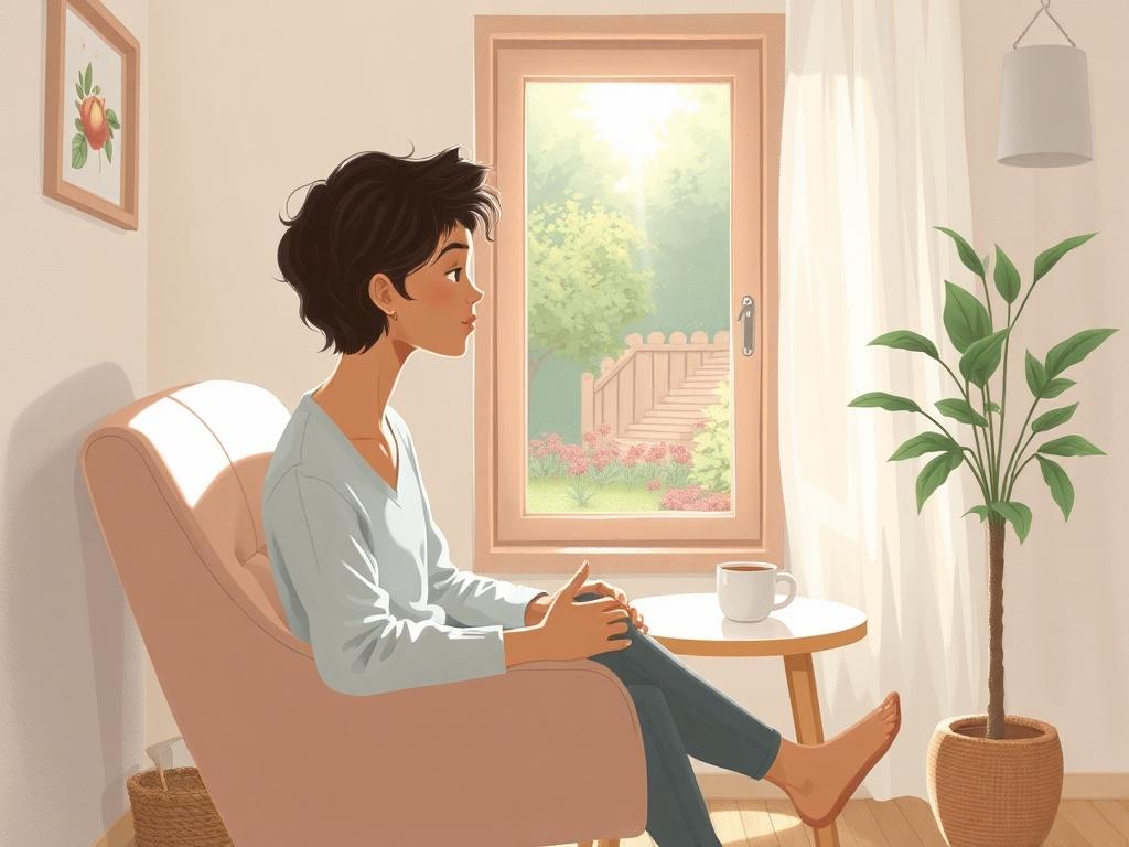 A serene and calming illustration of a person sitting in a cozy, well-lit room, engaged in a thoughtful reflection. The room should include soft, neutral colors, with a comfortable chair, a small table with a cup of tea, and a window letting in natural light. Outside the window, a peaceful garden can be seen, symbolizing growth and tranquility.