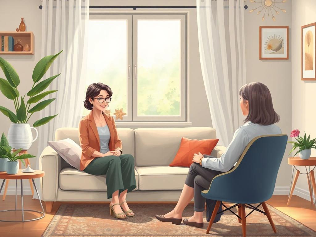 A serene and inviting therapy room, featuring a comfortable couch, soft lighting, and calming decor. A single therapist, a middle-aged woman with a compassionate expression, sits attentively across from an invisible client, conveying a sense of warmth and understanding. The background showcases a window with gentle natural light filtering in, adding to the peaceful atmosphere.