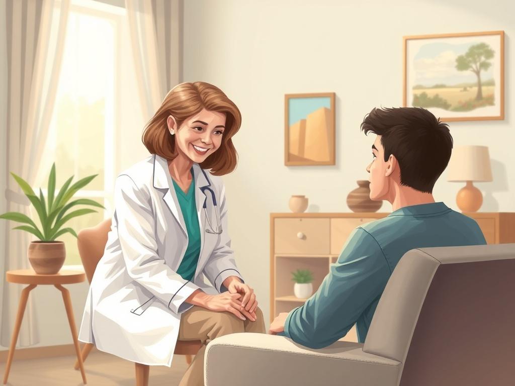 A compassionate therapist engaging with a patient in a serene therapy room. The therapist, a middle-aged woman with a warm smile, sits across from a young man who looks contemplative. The room has soft lighting, comfortable furniture, and calming artwork on the walls, creating a supportive atmosphere. The focus is on the connection and trust between the therapist and the patient, embodying empathy and understanding.