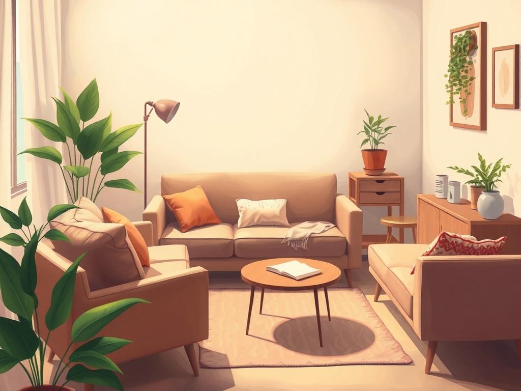 A serene and inviting therapy room featuring a comfortable couch, soft lighting, and calming decor. The room should have a warm color palette with earthy tones. A small table with a notepad and a plant adds a touch of nature. The background should be softly blurred, emphasizing the peaceful atmosphere, inviting individuals seeking mental wellness to feel at home.