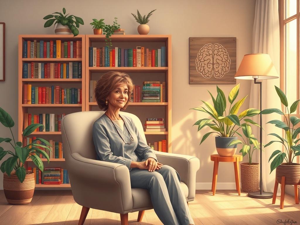 A serene and inviting therapy room with a comfortable armchair, warm lighting, and calming decor. A single therapist, depicted as a middle-aged woman with a welcoming smile, sits in the chair, engaging with an unseen client. The background features a bookshelf filled with colorful books on psychology, plants that add a touch of nature, and soft, soothing colors that evoke a sense of peace and tranquility.