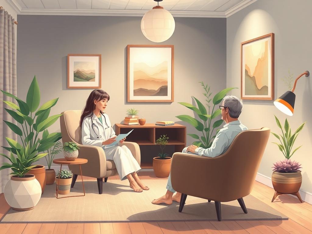 A serene and inviting therapy room with soft lighting and comfortable seating. A single therapist sits in a cozy armchair, engaging attentively with an unseen client. The background features soothing colors, plants, and calming artwork that reflects a sense of peace and tranquility.
