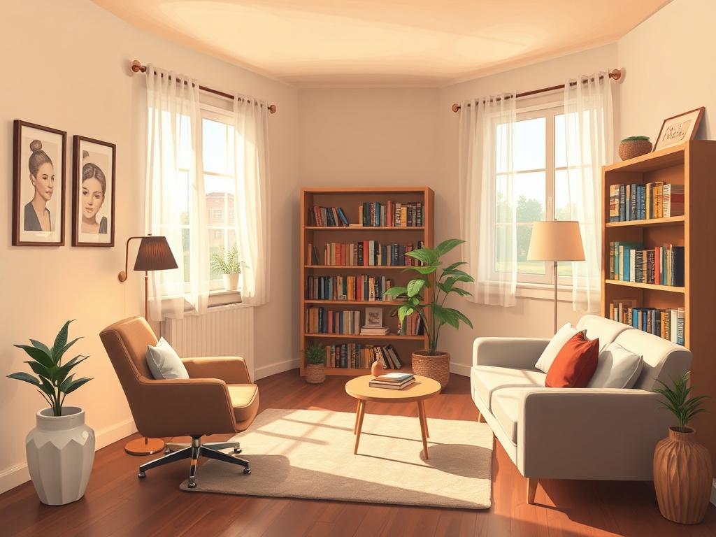 A serene and inviting therapist's office with warm lighting and comfortable seating. The room features a single therapist chair facing a cozy couch, with soft cushions and a small coffee table. On the walls, there are calming artwork and a bookshelf filled with psychology books. A window with sheer curtains lets in natural light, creating a peaceful atmosphere. The color palette incorporates shades of #CFB07C, enhancing the warmth and comfort of the space.