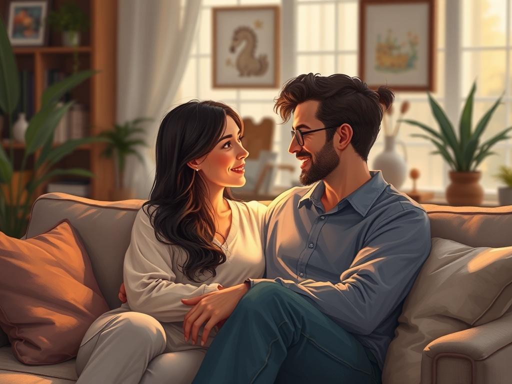 A serene, intimate scene of a couple sitting closely together on a comfortable couch, engaged in a heartfelt conversation. The focus is on their expressions of openness and trust, with warm lighting creating a cozy atmosphere. The background shows a softly blurred living room setting, filled with plants and calming decor, emphasizing a safe and inviting space for emotional connection.