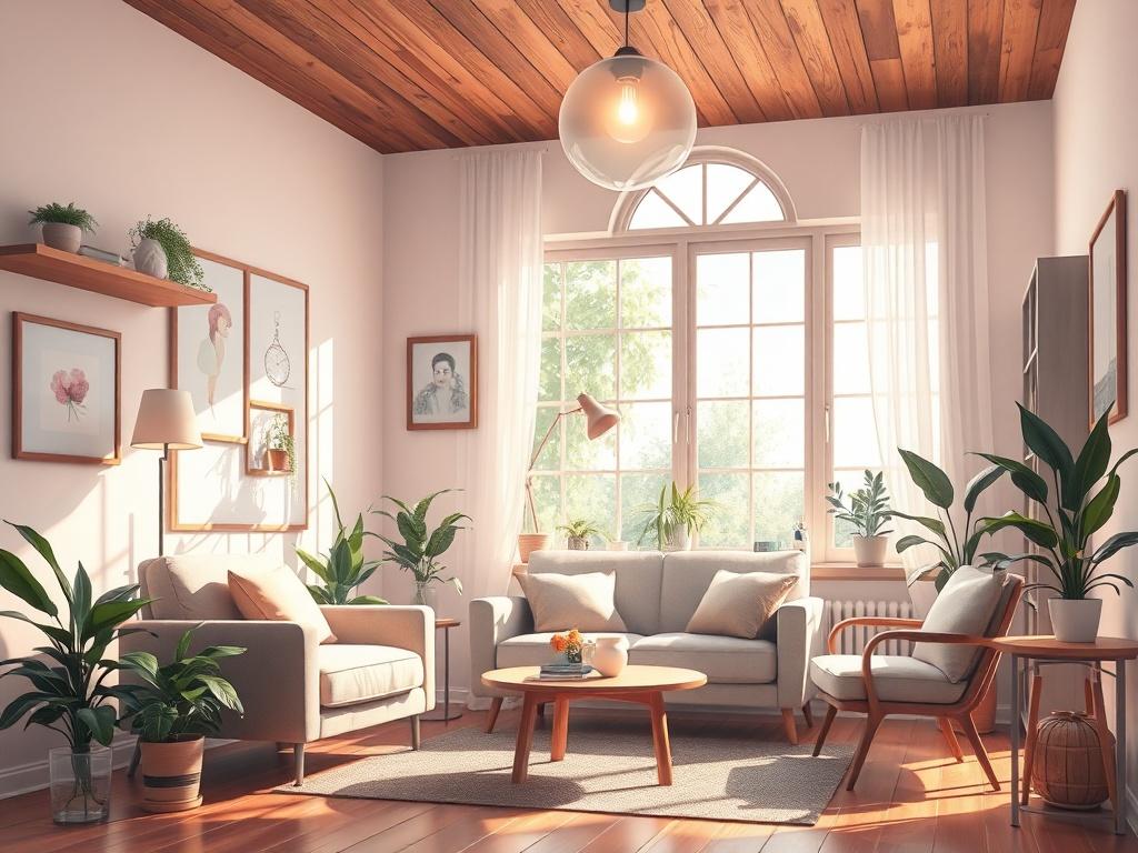 Create a highly detailed, lifelike painting of a serene therapist's office with a comfortable couch, soft lighting, and calming decor. The background should feature a beautiful window with natural light streaming in and plants that add a touch of tranquility. The composition should focus on the inviting atmosphere of mental health support, emphasizing warmth and comfort.
